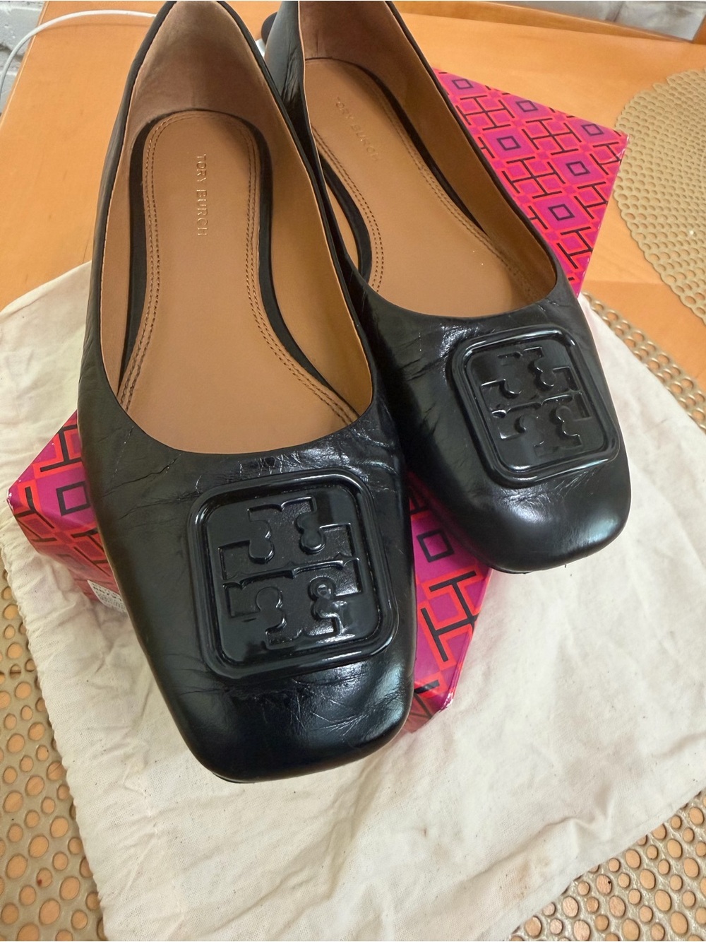 Tory Burch Black Leather Square-Toe Logo Flats